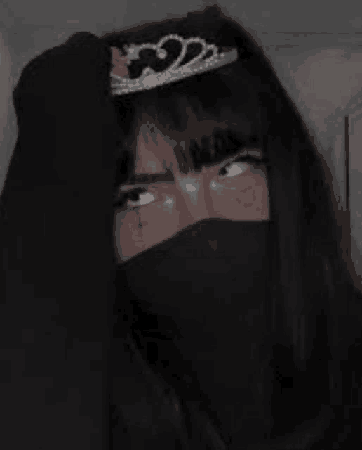 a girl wearing a black mask and a tiara on her head is looking at the camera .