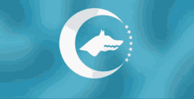 a blue flag with a white crescent moon and a wolf in the middle