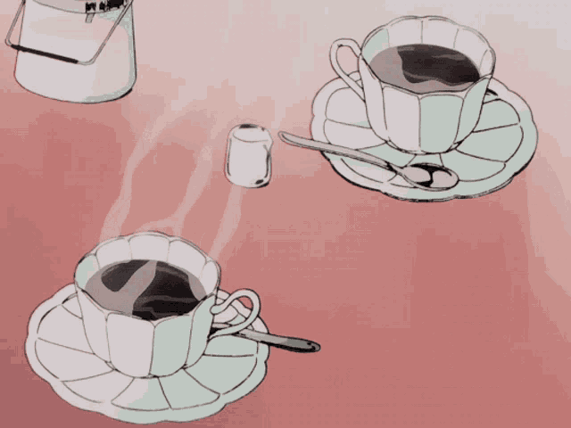 a drawing of three cups of coffee on saucers with a spoon