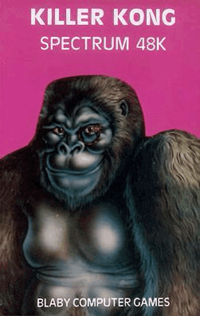 a picture of a gorilla on the cover of killer kong spectrum 48k by blaby computer games .