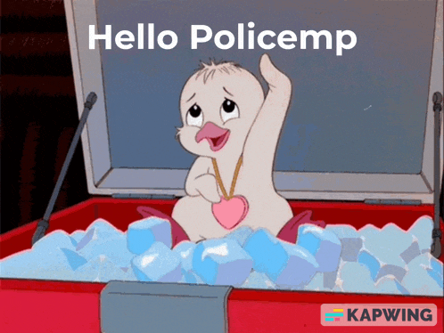 a cartoon of a duck holding a heart in an ice chest with the words hello policemp above it