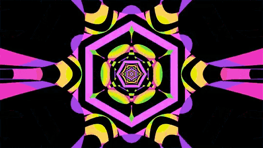 a kaleidoscope of pink and blue circles and lines on a black background