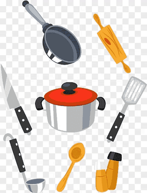 a set of kitchen utensils including a pot a knife a spatula and a rolling pin