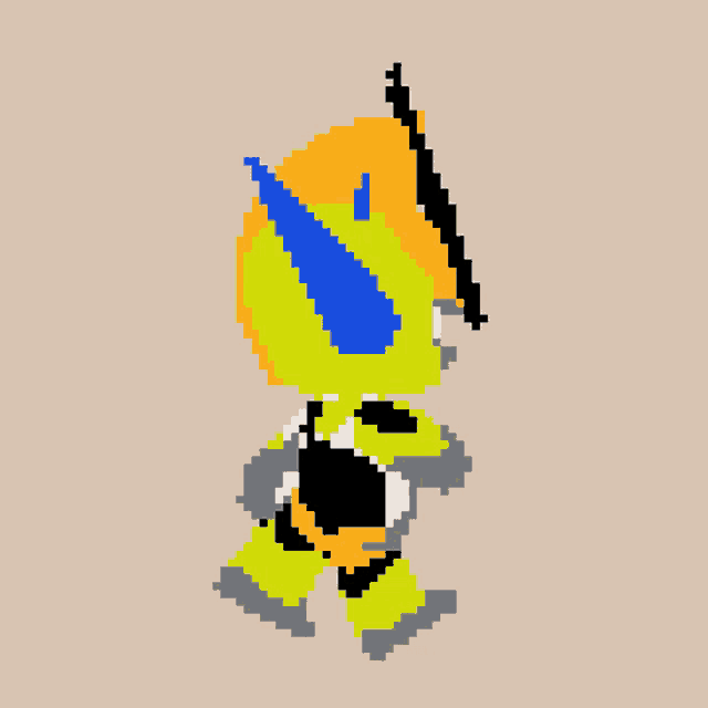 a pixel art of a yellow and orange cartoon character with blue horns