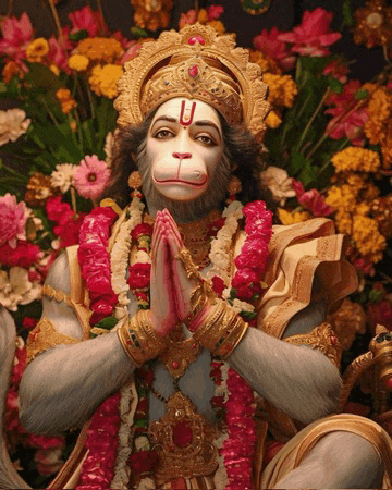 a statue of a monkey with a red u on his forehead is surrounded by flowers