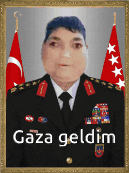 a picture of a man in a military uniform with gaza geldim written on it