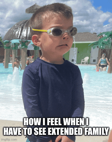 a young boy wearing sunglasses stands in front of a swimming pool with the caption how i feel