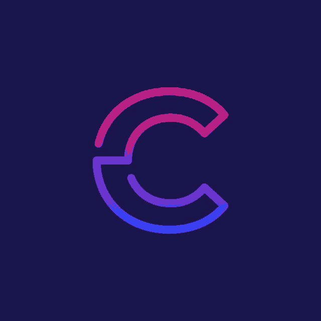 the letter c is outlined in pink and blue on a dark background