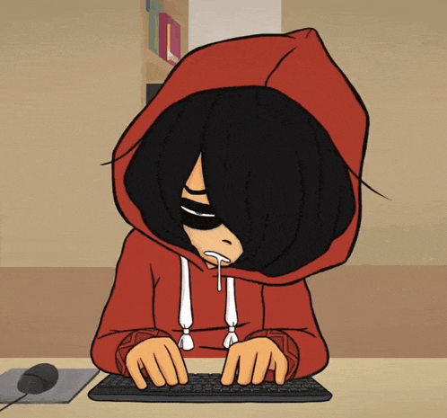 a cartoon character is typing on a keyboard