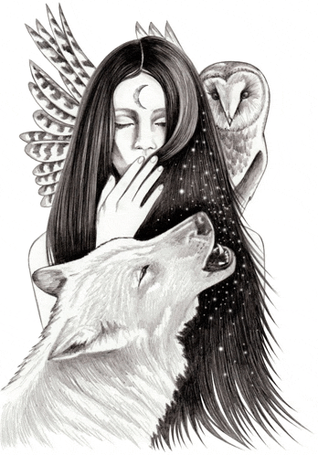 a black and white drawing of a woman with a wolf and an owl