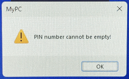 a computer screen displays a warning that the pin number cannot be empty