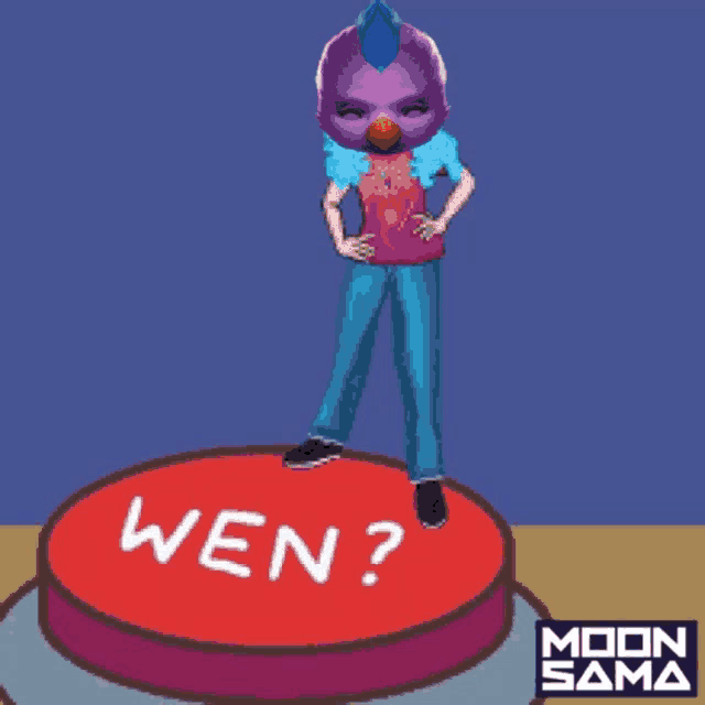 a cartoon character with a mohawk is standing on a button that says wen