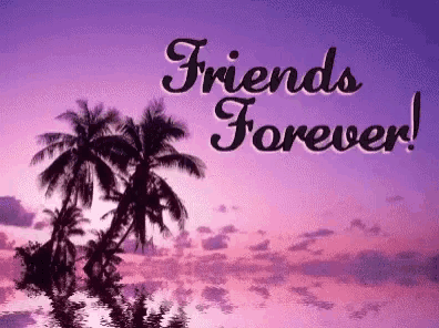 a purple sky with palm trees and the words friends forever