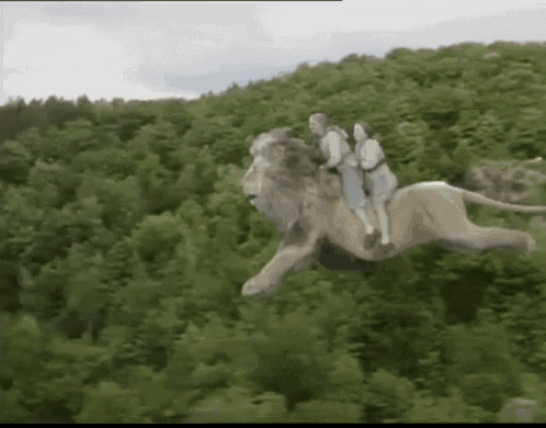 two people riding on the back of a lion