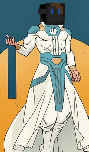 a cartoon of a man in a white and blue costume