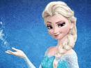 a cartoon character from the movie frozen is standing in front of a blue background and holding snow in her hand .