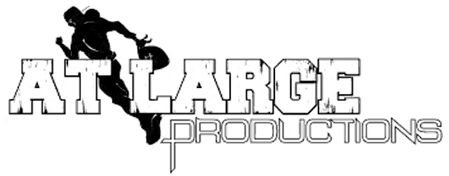 a black and white logo for at large productions with a silhouette of a person holding a skateboard .