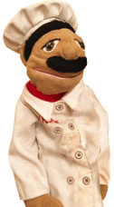 a puppet with a chef 's hat and coat