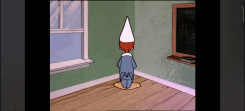 a woody woodpecker is standing in a corner of a room looking out a window