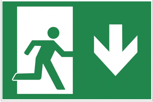 a green exit sign with a man running and a down arrow