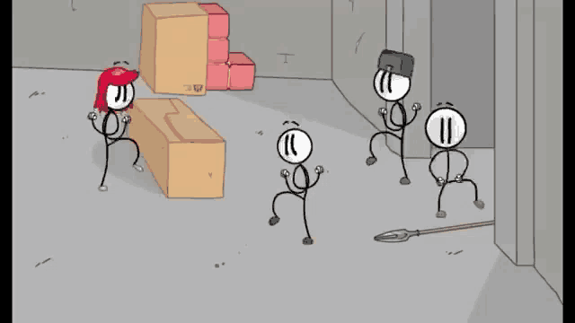 a group of stick figures are playing a game in a room with boxes .