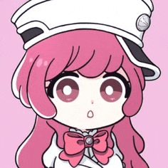 a cartoon girl with pink hair is wearing a white hat and a bow .