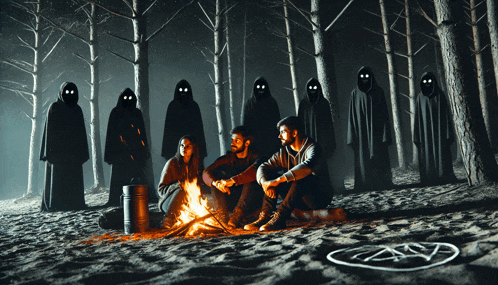 a group of people are sitting around a campfire with a pentagram in the sand