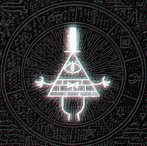 a glowing image of bill cipher from gravity falls is in a circle