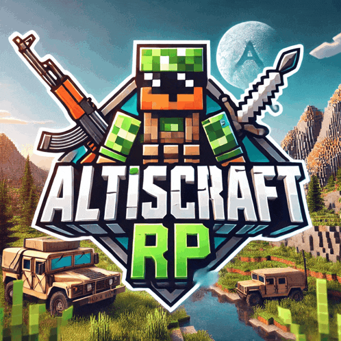 a logo for altiscraft rp shows a soldier holding a gun and a sword