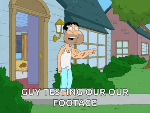 a cartoon of a man pointing at something with the words guy testing our our footage below him