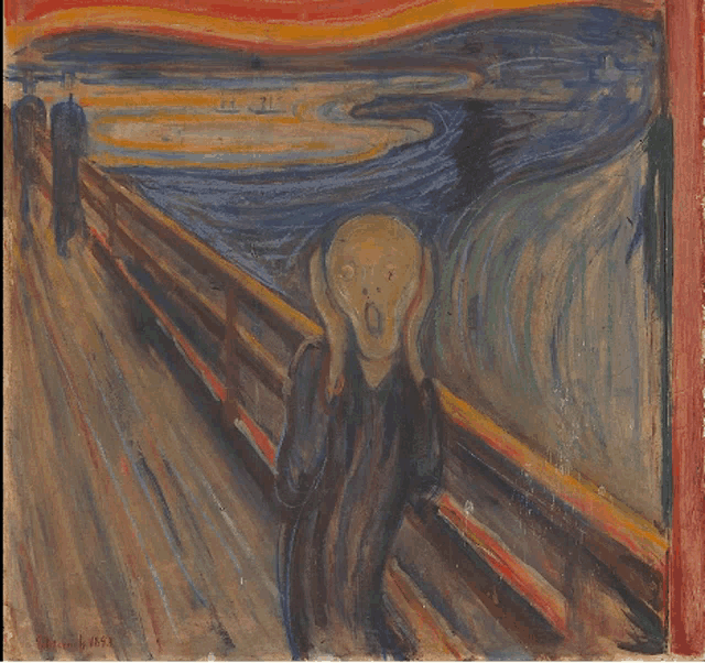 a painting of a man with a screaming face has the year 1899 on the bottom