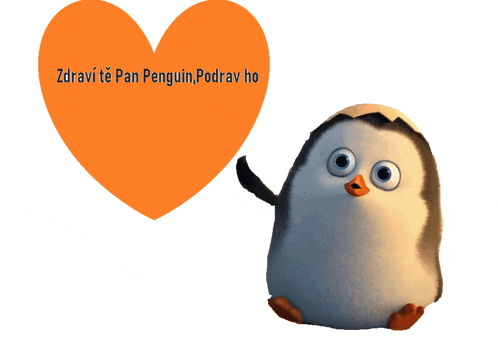 a penguin is standing next to an orange heart that says zdravi te pan penguin podrav ho