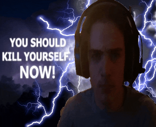 a man wearing headphones with the words " you should kill yourself now "