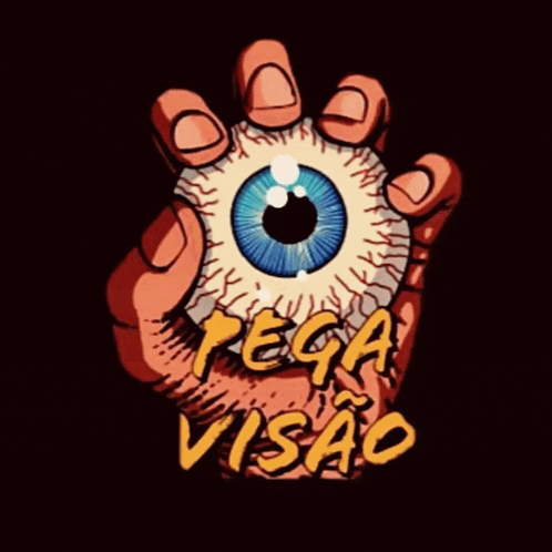 a drawing of a hand holding a blue eye with the words pega visão written below it