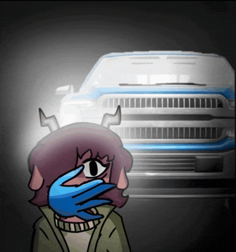 a girl with horns is covering her mouth in front of a blue truck