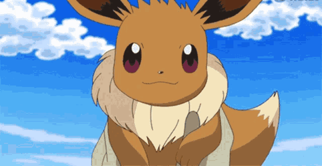 a cartoon eevee is looking at the camera with a blue sky in the background