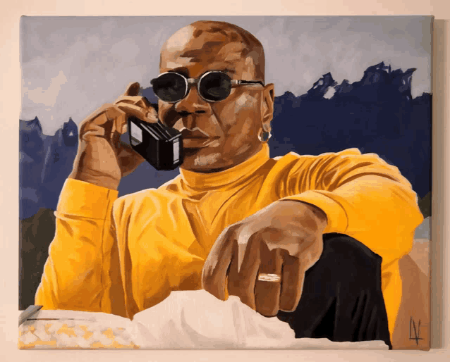 a painting of a man wearing a yellow turtleneck and sunglasses talking on a cell phone