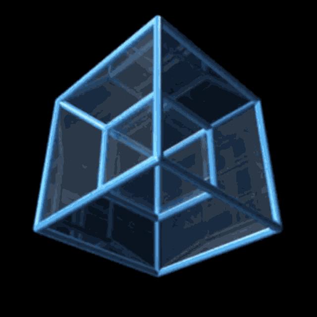 a cube with a blue frame is floating in the dark