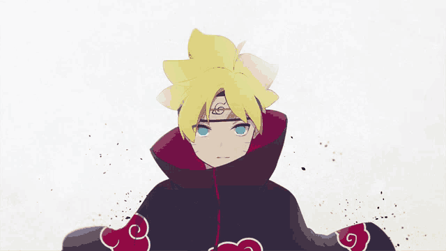 a boy with yellow hair and blue eyes is wearing a black cape with red clouds