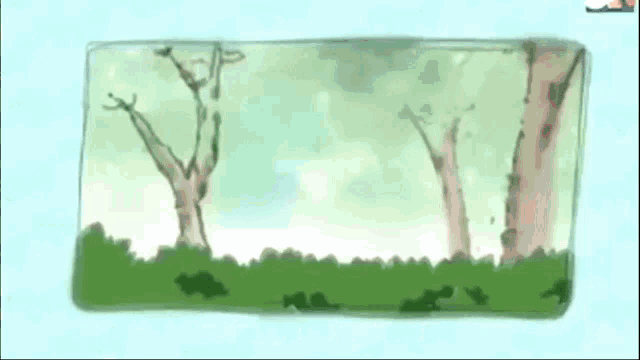 a drawing of trees in a field with a blue sky