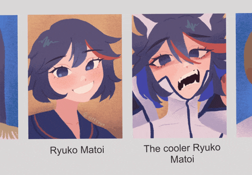 two pictures of ryuko matoi and the cooler ryuko matoi are shown