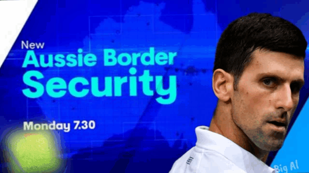 a man in a white shirt stands in front of a blue background that says new aussie border security