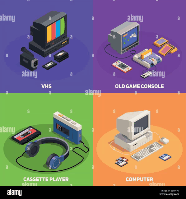 a set of four isometric icons of old electronics including vhs old game console and cassette player