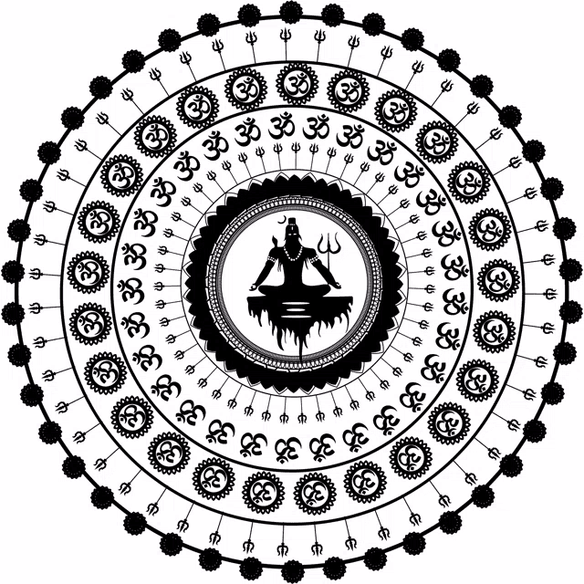 a black and white circular design with om symbols and a silhouette of a man