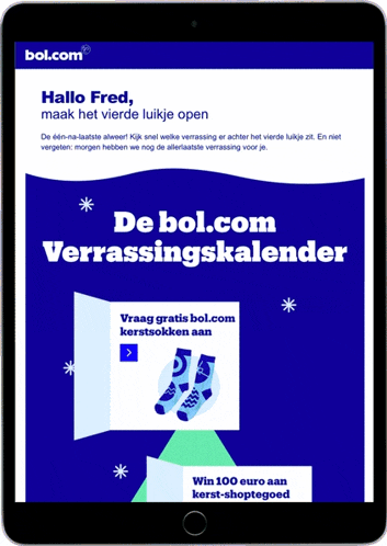 a tablet screen displays an advertisement for de bol.com verrassingskalender