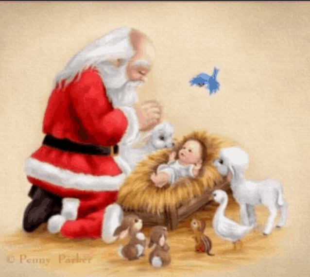 a painting of santa kneeling in front of a baby in a manger