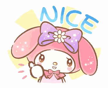 a pink bunny with a purple bow and a flower on her head is giving a thumbs up sign .