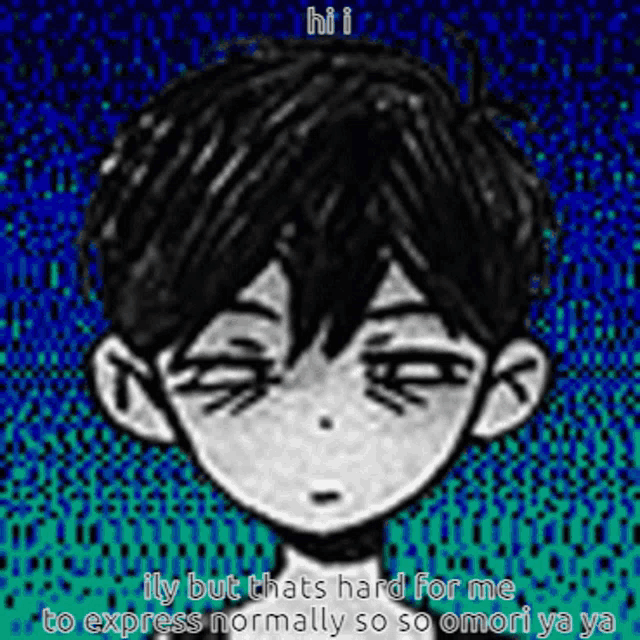 a black and white drawing of a boy 's face with a blue background