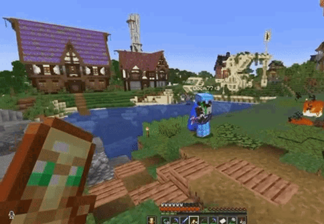 a screenshot of a video game called minecraft with a purple roofed house in the background