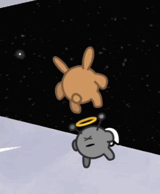 a cartoon drawing of a rabbit and a gray alien